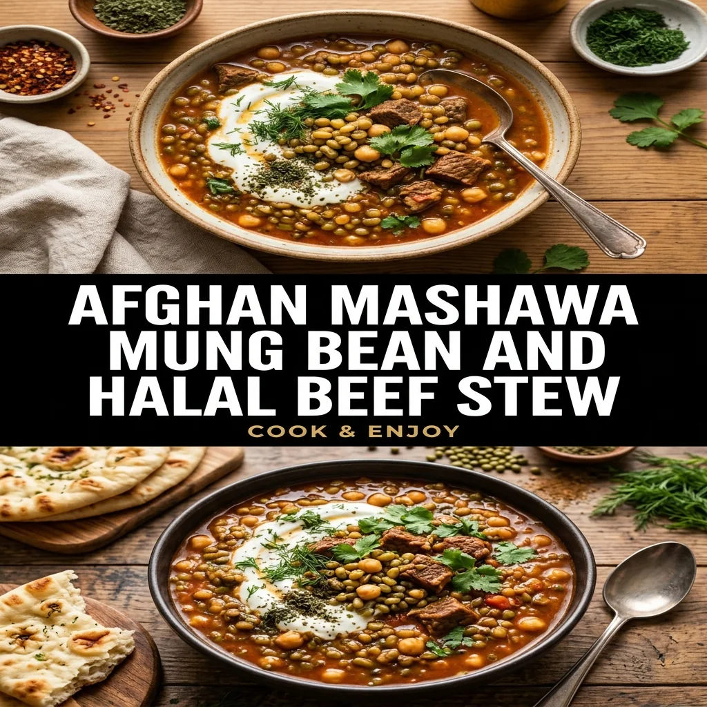 Afghan Mashawa Mung Bean and Halal Beef Stew food illustration