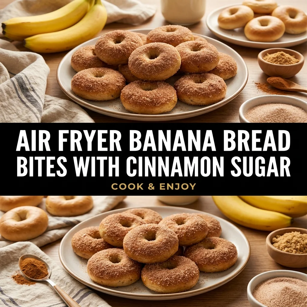 Air Fryer Banana Bread Bagel Bites with Cinnamon Sugar food illustration