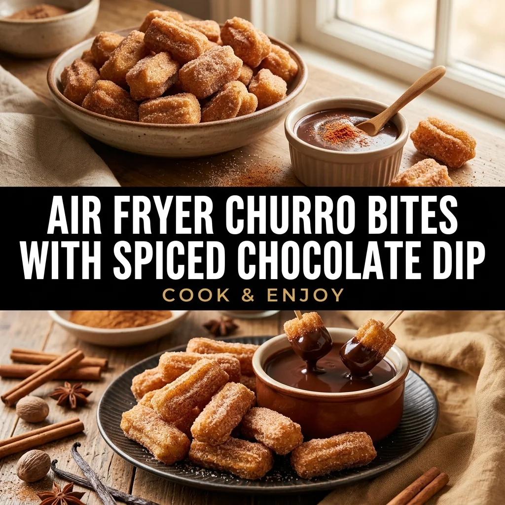 Air Fryer Churro Bites with Spiced Chocolate Dip food illustration