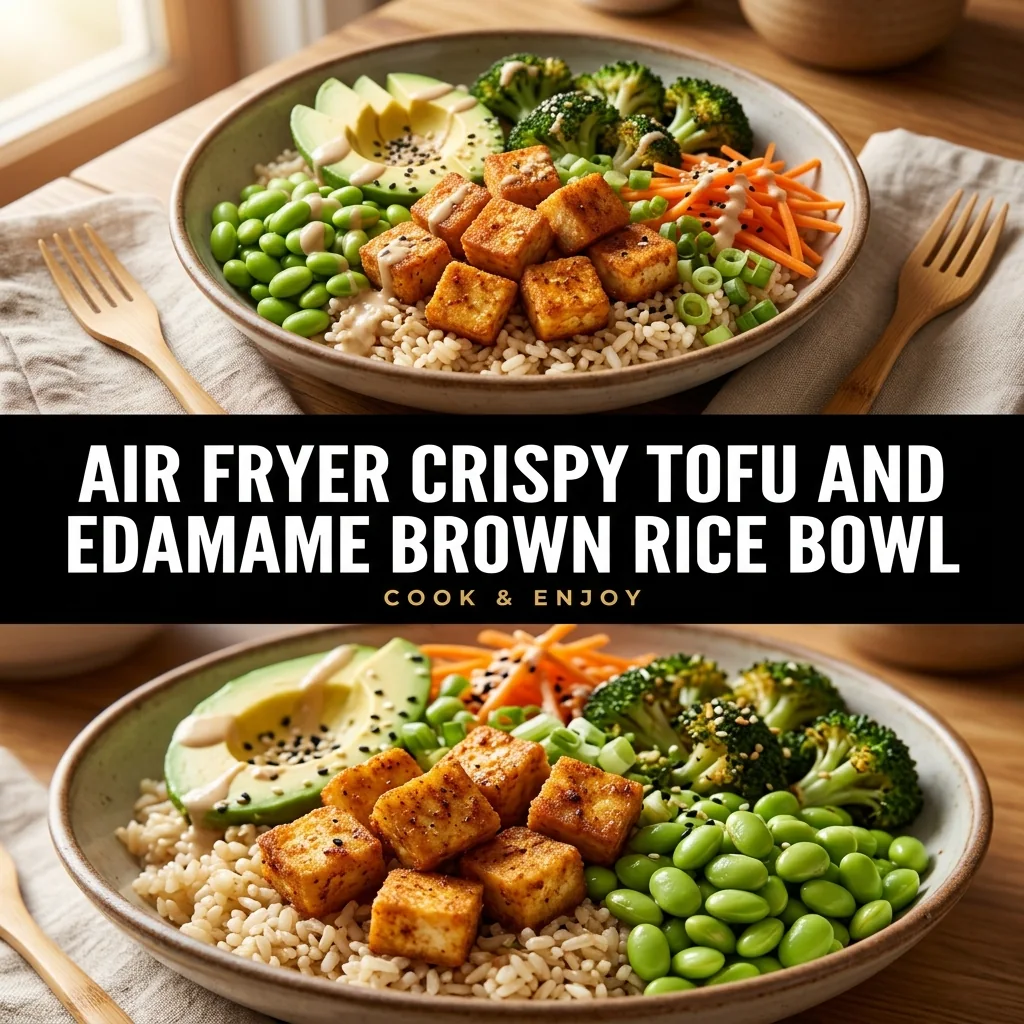 Air Fryer Crispy Tofu and Edamame Brown Rice Bowl food illustration