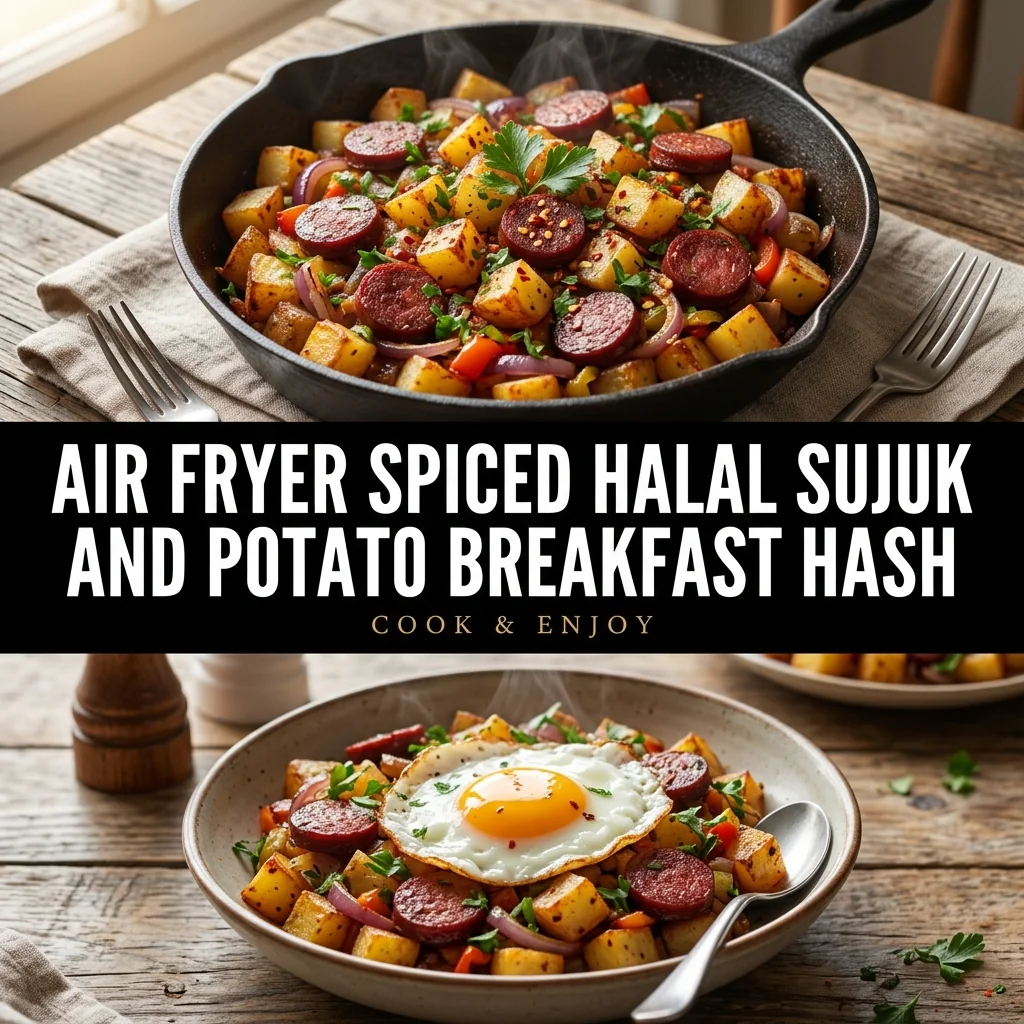Air Fryer Spiced Halal Sujuk and Potato Breakfast Hash food illustration