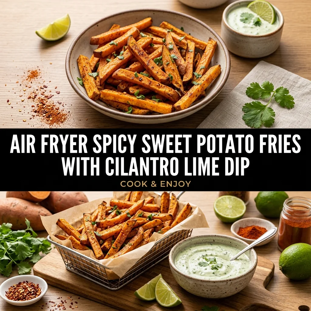 Air Fryer Spicy Sweet Potato Fries with Cilantro Lime Dip food illustration