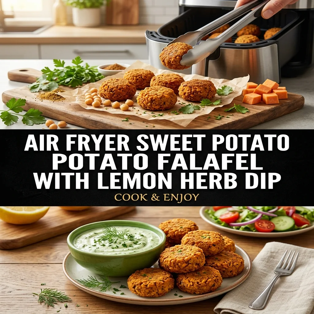 Air Fryer Sweet Potato Falafel with Lemon Herb Dip food illustration