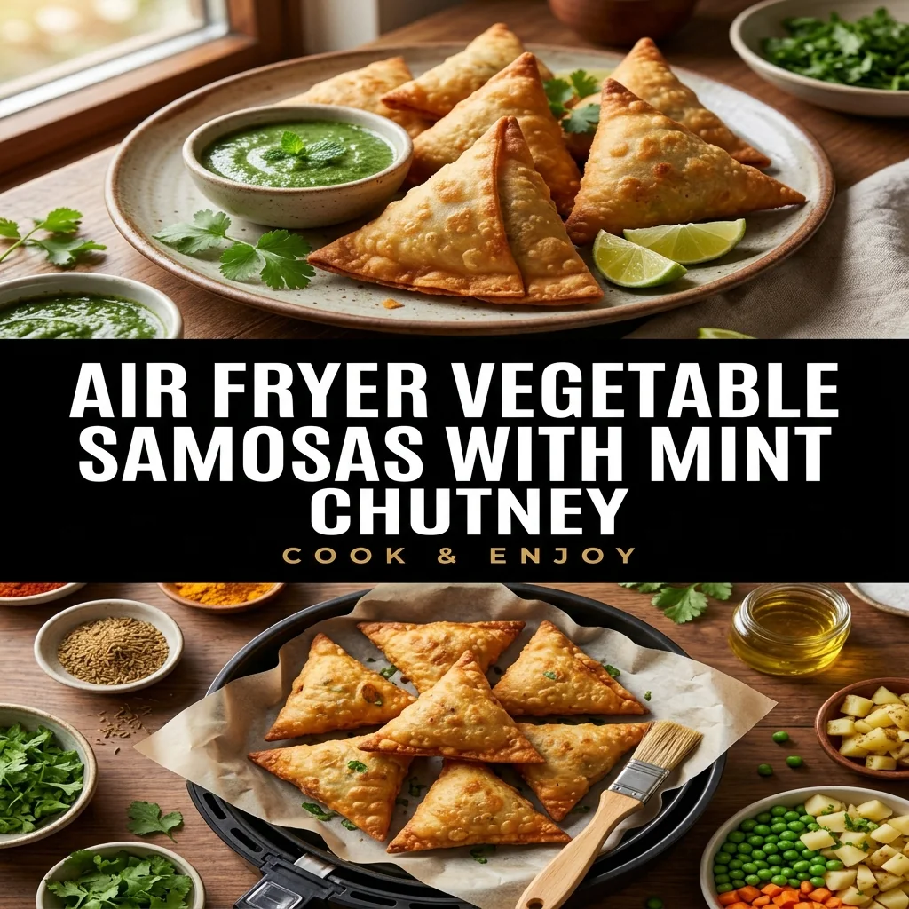 Air Fryer Vegetable Samosas with Mint Chutney food illustration