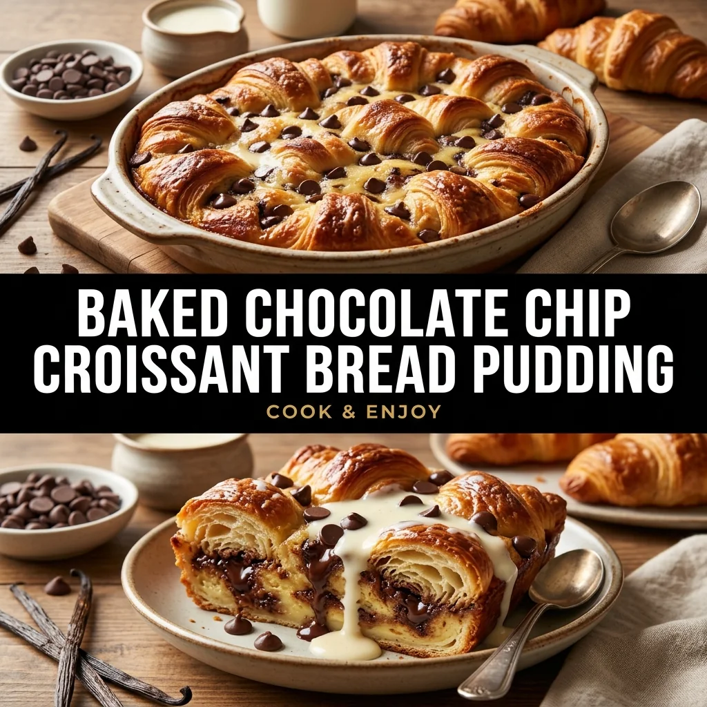 Baked Chocolate Chip Croissant Bread Pudding food illustration