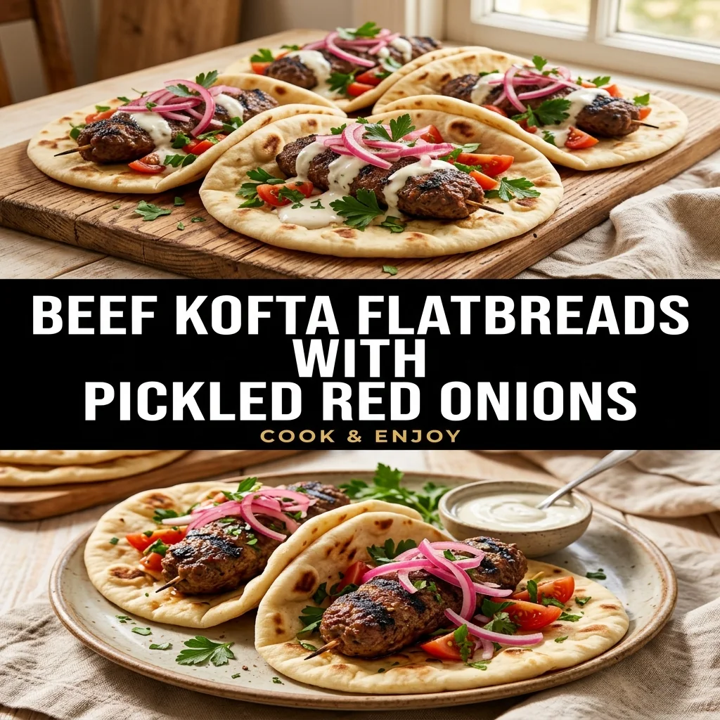 Beef Kofta Flatbreads with Pickled Red Onions food illustration