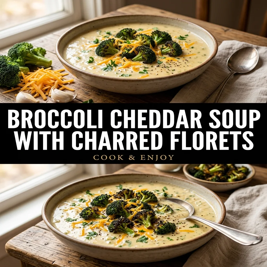 Broccoli Cheddar Soup with Charred Florets food illustration