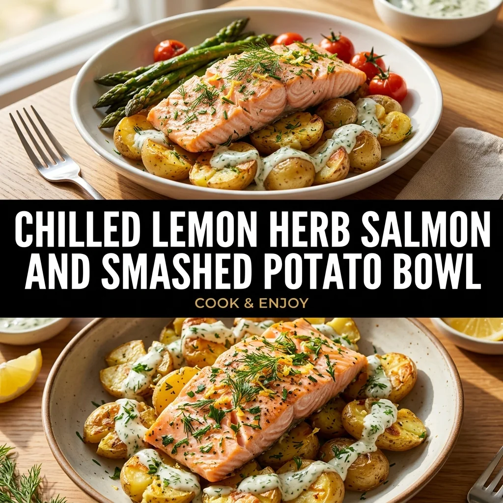 Chilled Lemon Herb Salmon and Smashed Potato Bowl food illustration
