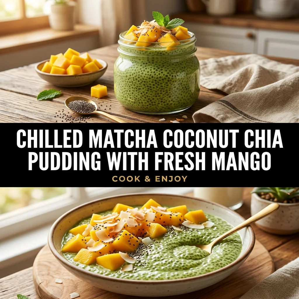 Chilled Matcha Coconut Chia Pudding with Fresh Mango food illustration
