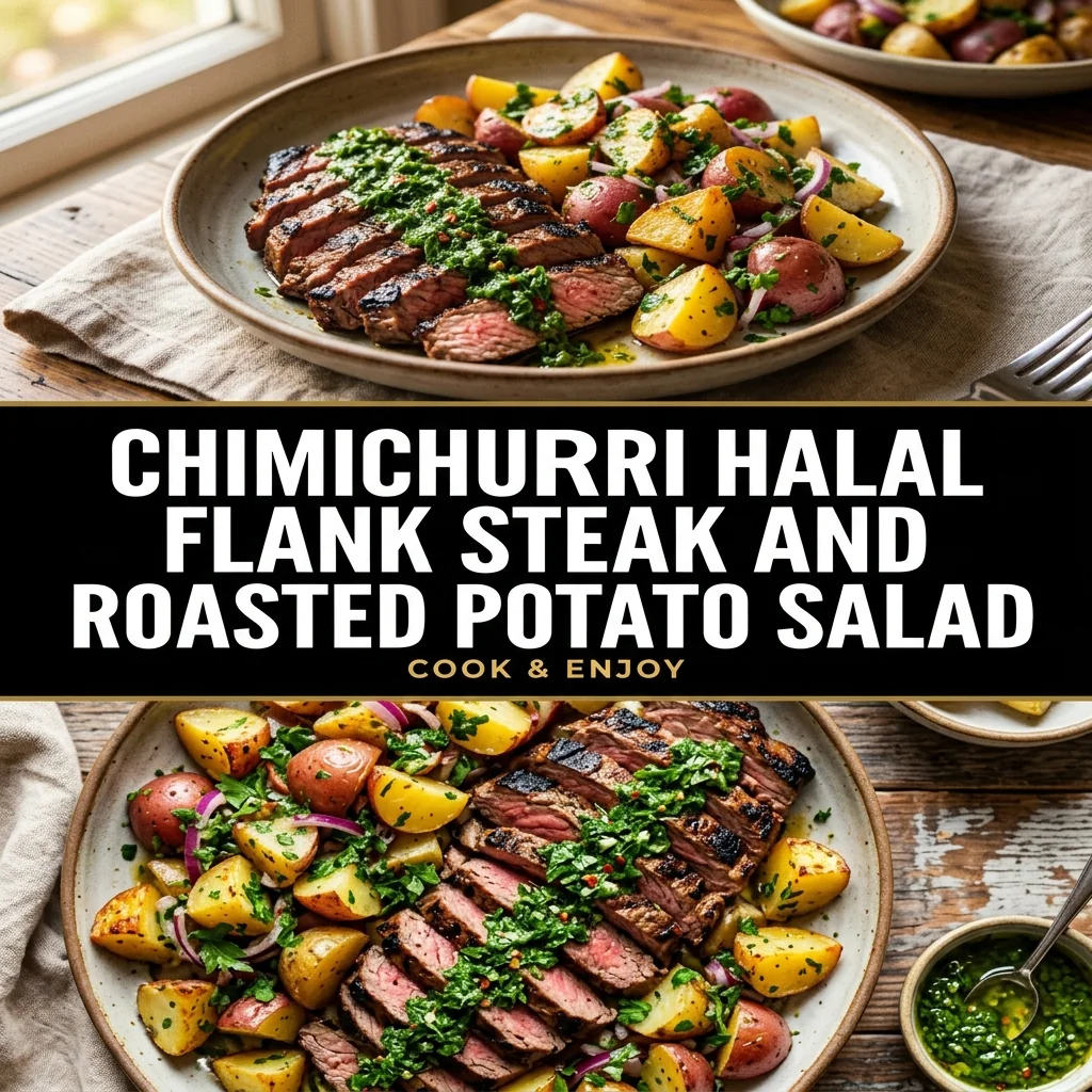 Chimichurri Halal Flank Steak and Roasted Potato Salad food illustration