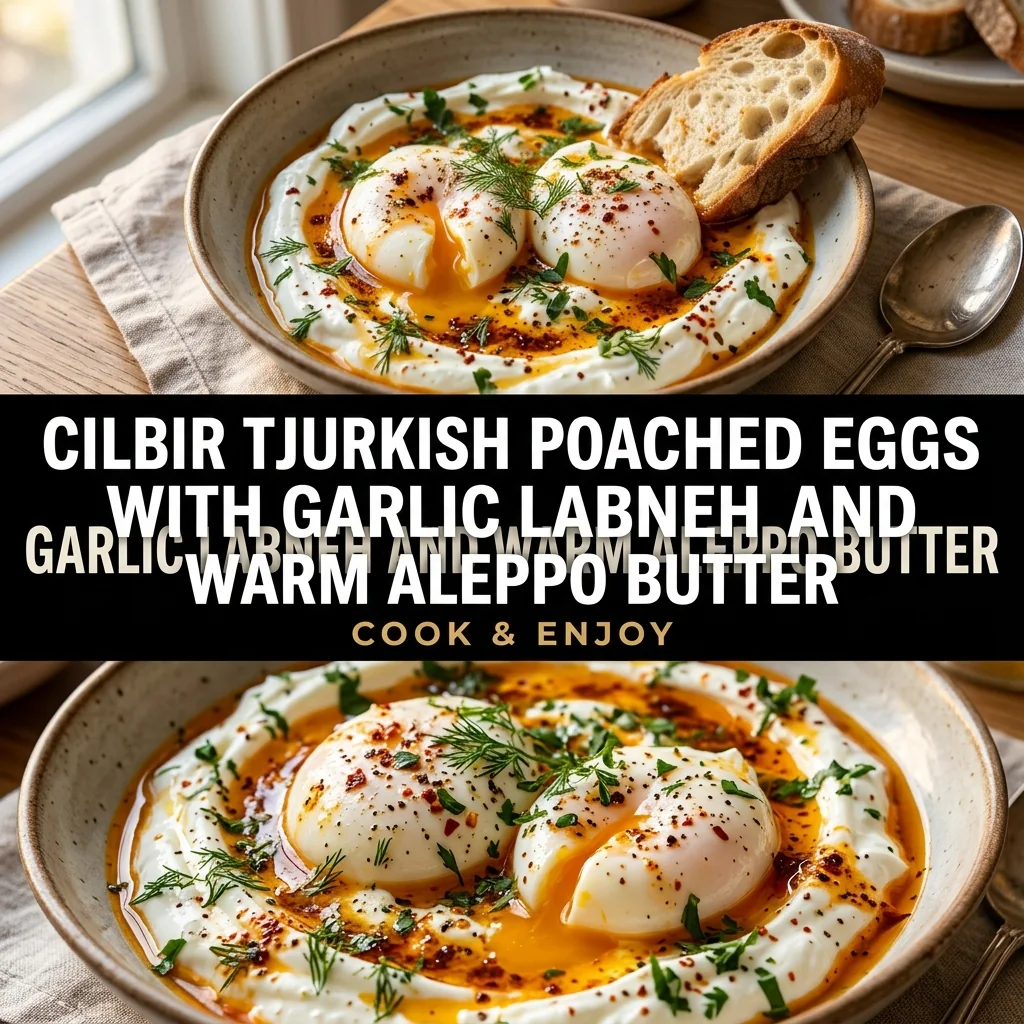 Cilbir Turkish Poached Eggs with Garlic Labneh and Warm Aleppo Butter food illustration