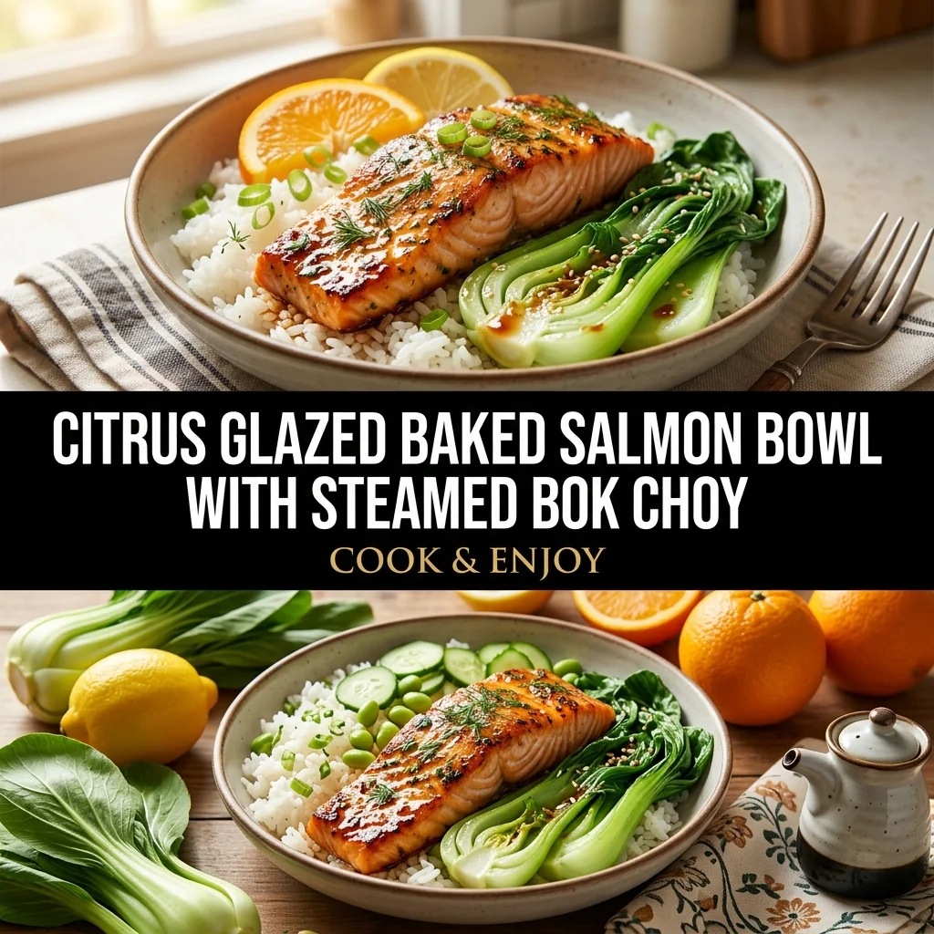 Citrus Glazed Baked Salmon Bowl with Steamed Bok Choy food illustration