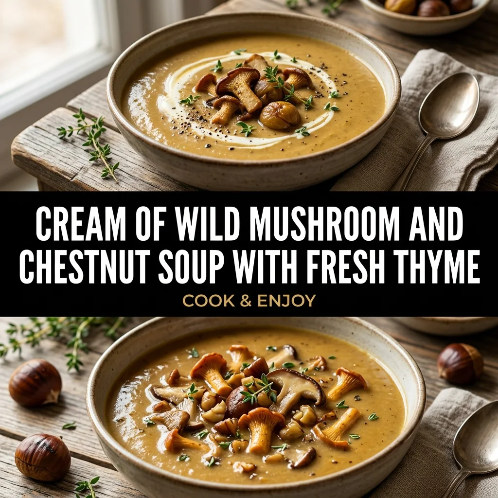 Cream of Wild Mushroom and Chestnut Soup with Fresh Thyme food illustration