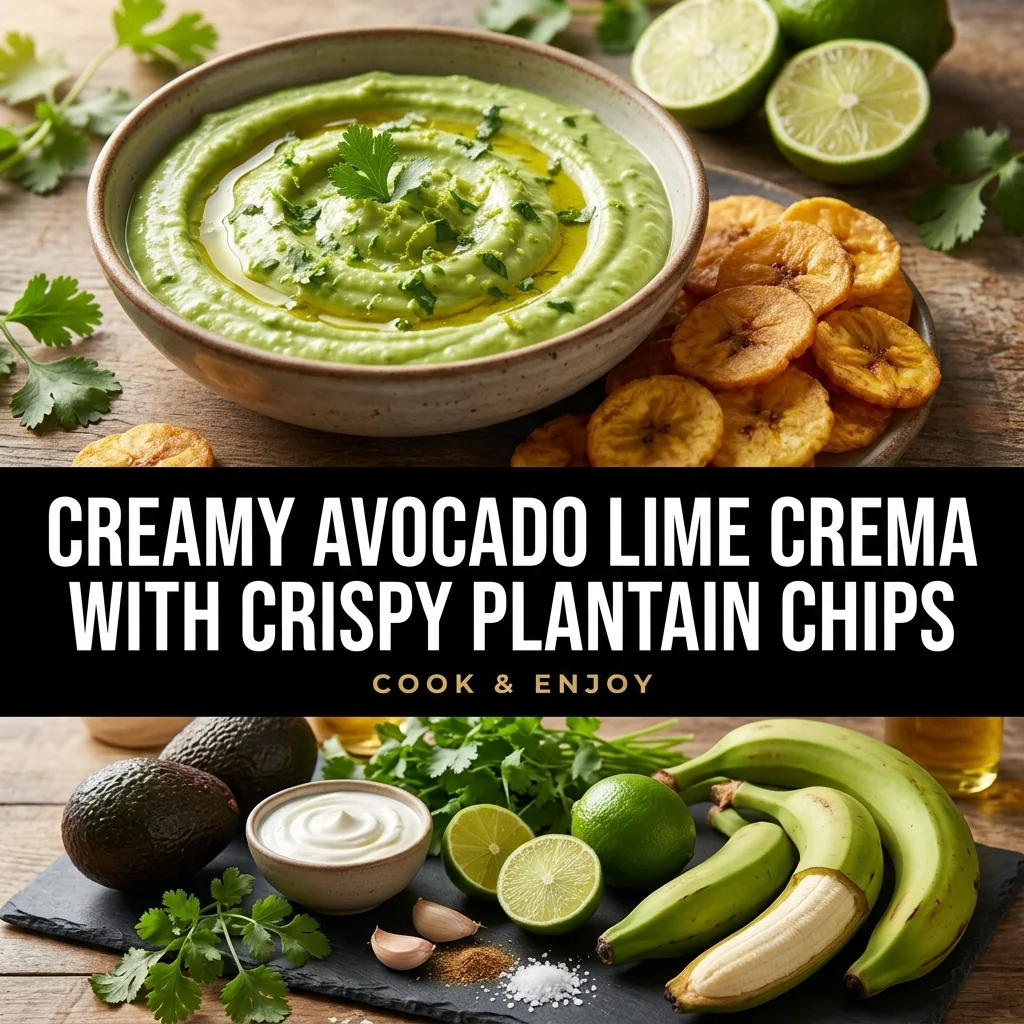 Creamy Avocado Lime Crema with Crispy Plantain Chips food illustration