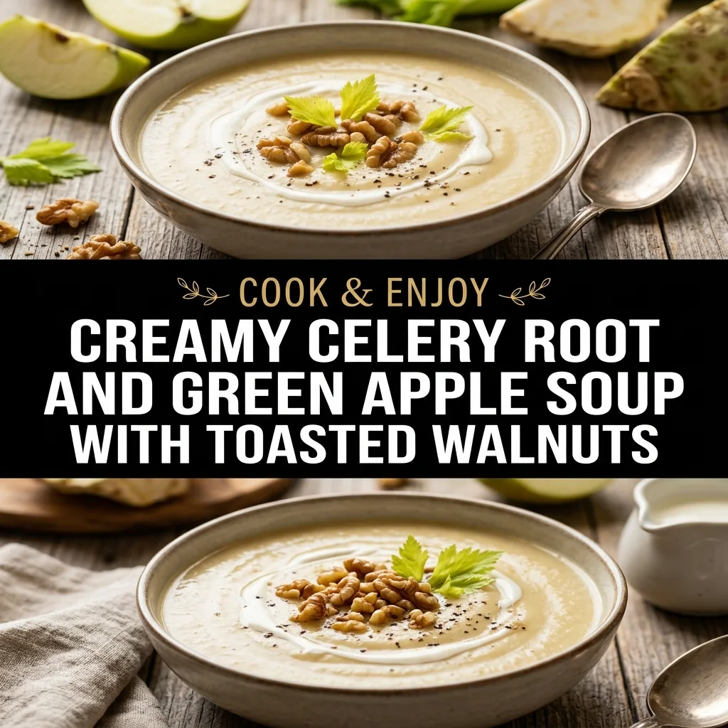 Creamy Celery Root and Green Apple Soup with Toasted Walnuts food illustration