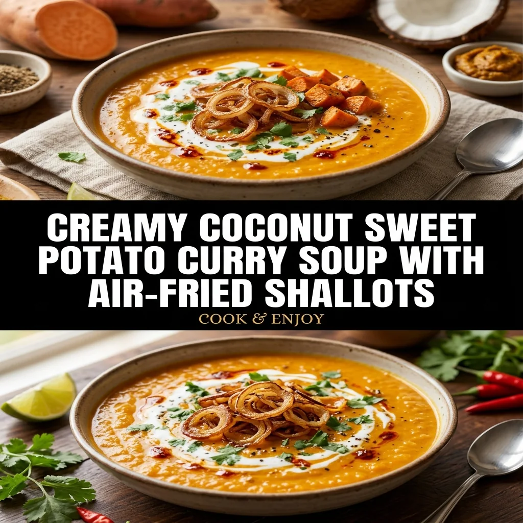 Creamy Coconut Sweet Potato Curry Soup with Air-Fried Shallots food illustration