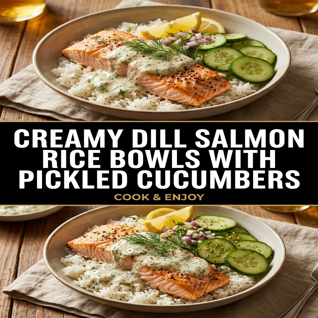 Creamy Dill Salmon Rice Bowls with Pickled Cucumbers food illustration