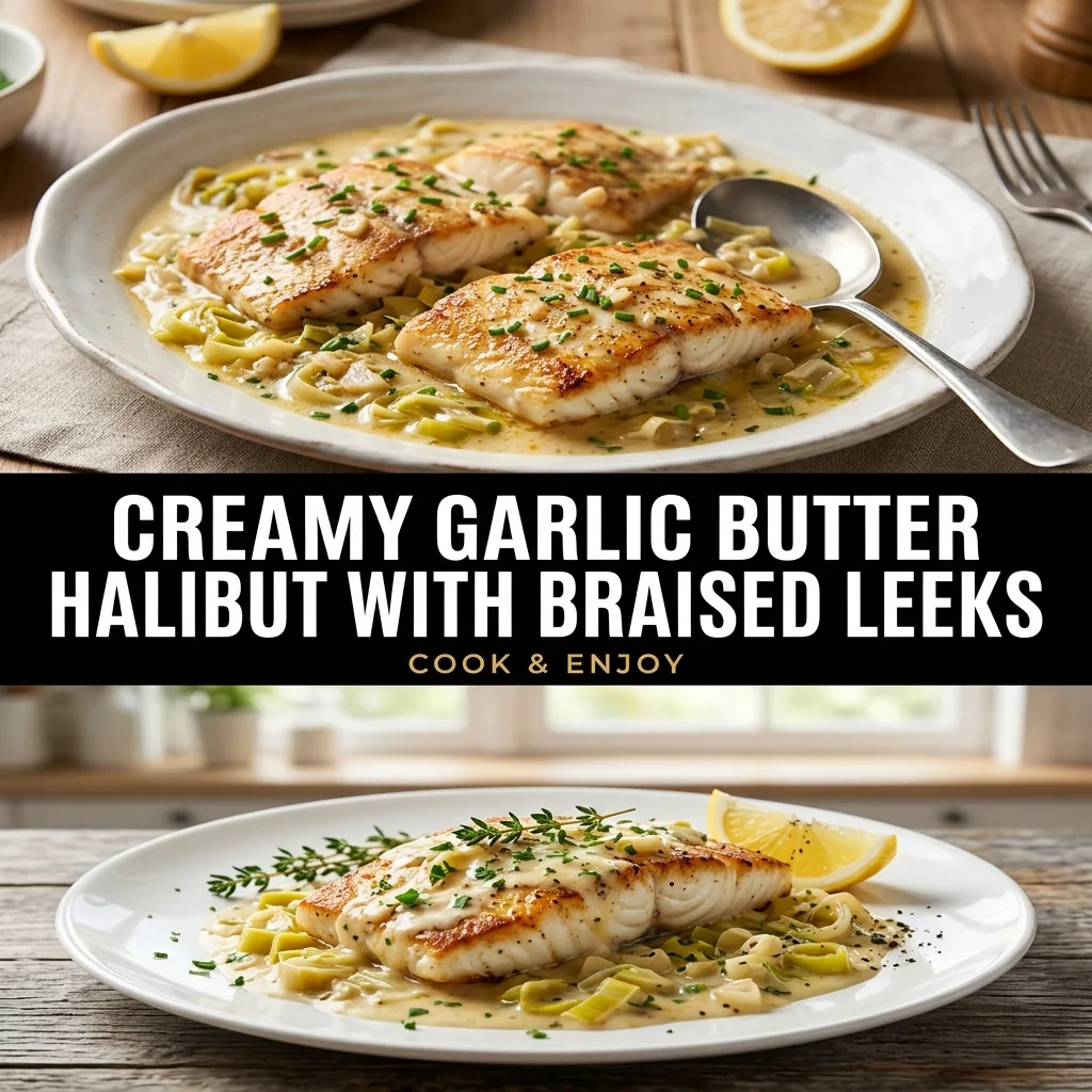 Creamy Garlic Butter Halibut with Braised Leeks food illustration