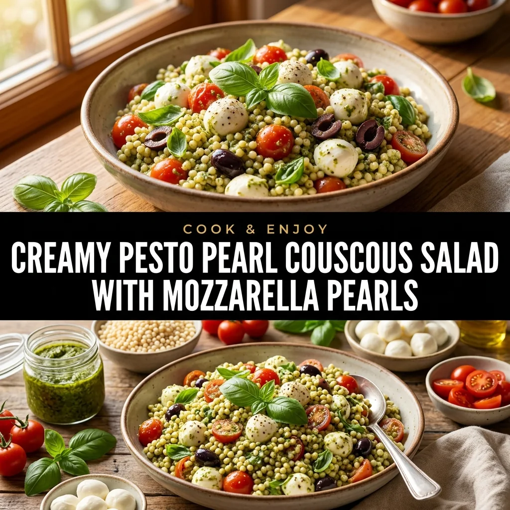Creamy Pesto Pearl Couscous Salad with Mozzarella Pearls food illustration