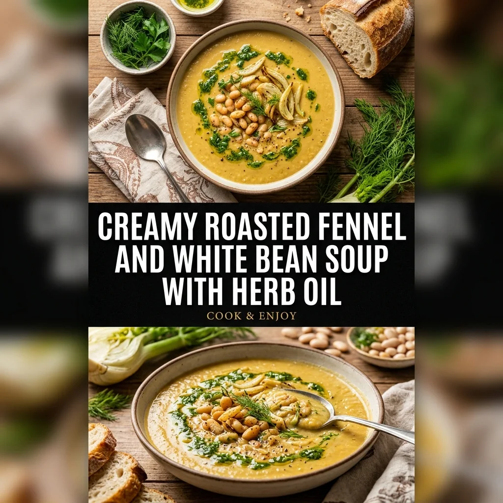 Creamy Roasted Fennel and White Bean Soup with Herb Oil food illustration
