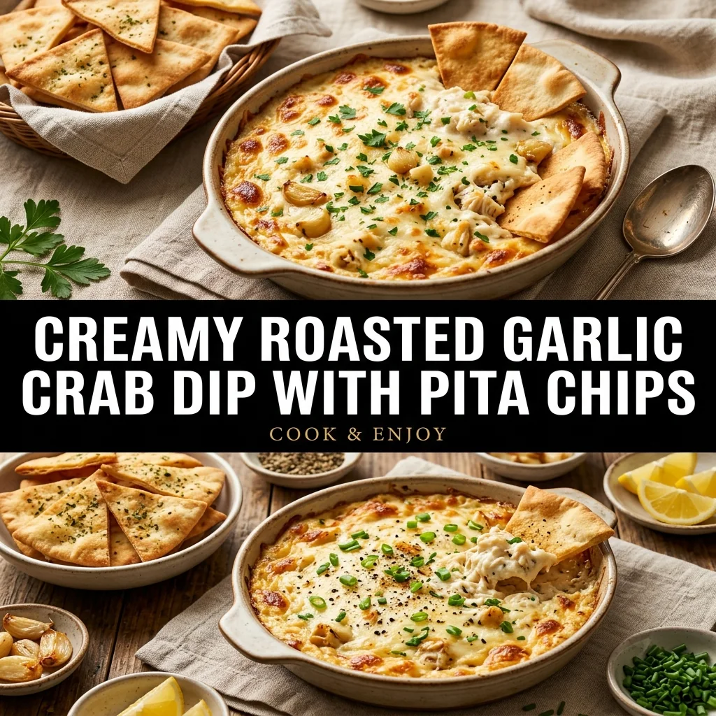 Creamy Roasted Garlic Crab Dip with Pita Chips food illustration