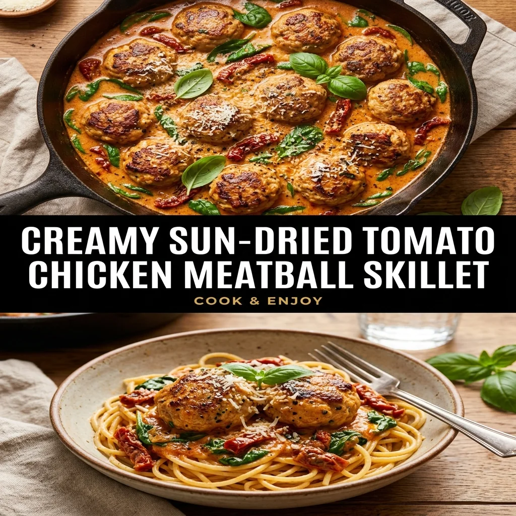 Creamy Sun-Dried Tomato Chicken Meatball Skillet food illustration