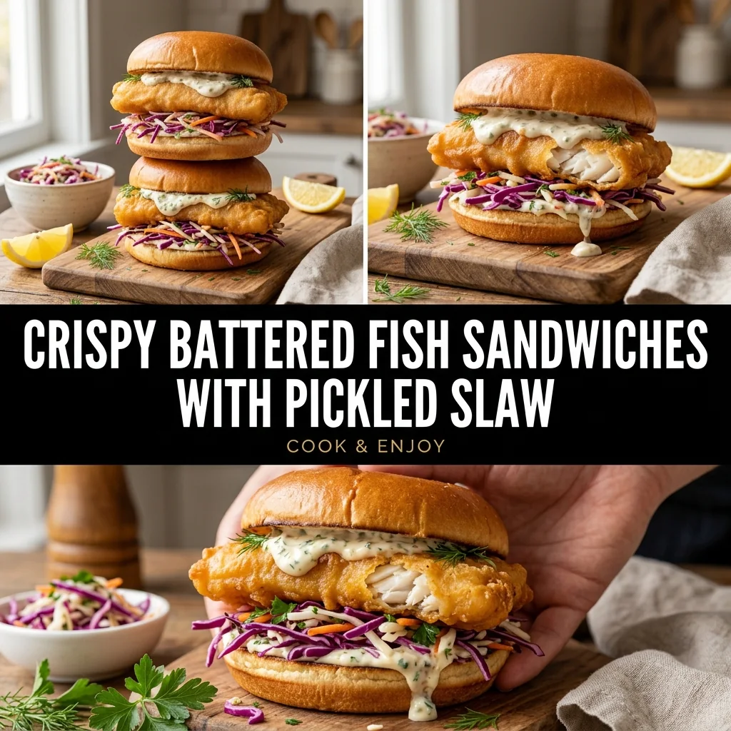 Crispy Battered Fish Sandwiches with Pickled Slaw food illustration