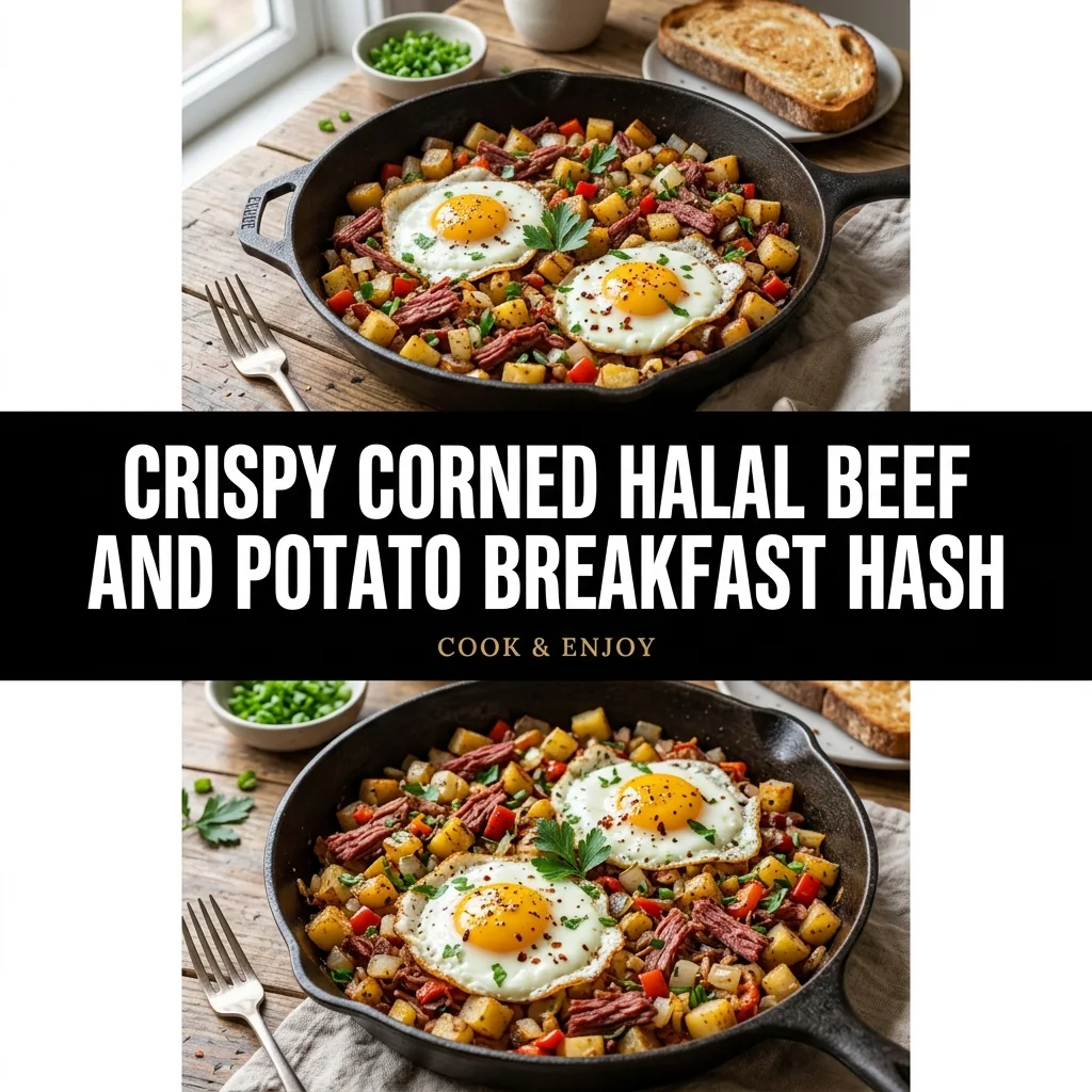 Crispy Corned Halal Beef and Potato Breakfast Hash food illustration