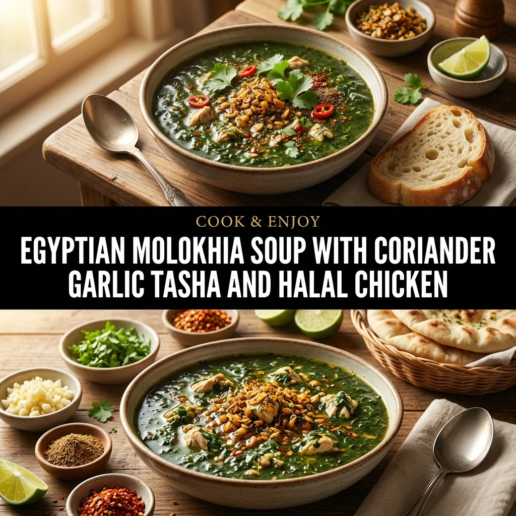 Egyptian Molokhia Soup with Coriander Garlic Tasha and Halal Chicken food illustration