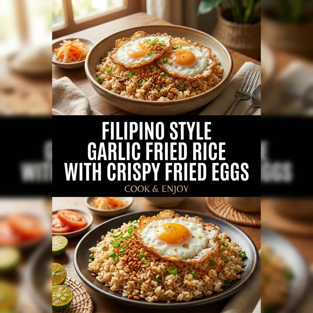 Filipino Style Garlic Fried Rice with Crispy Fried Eggs food illustration