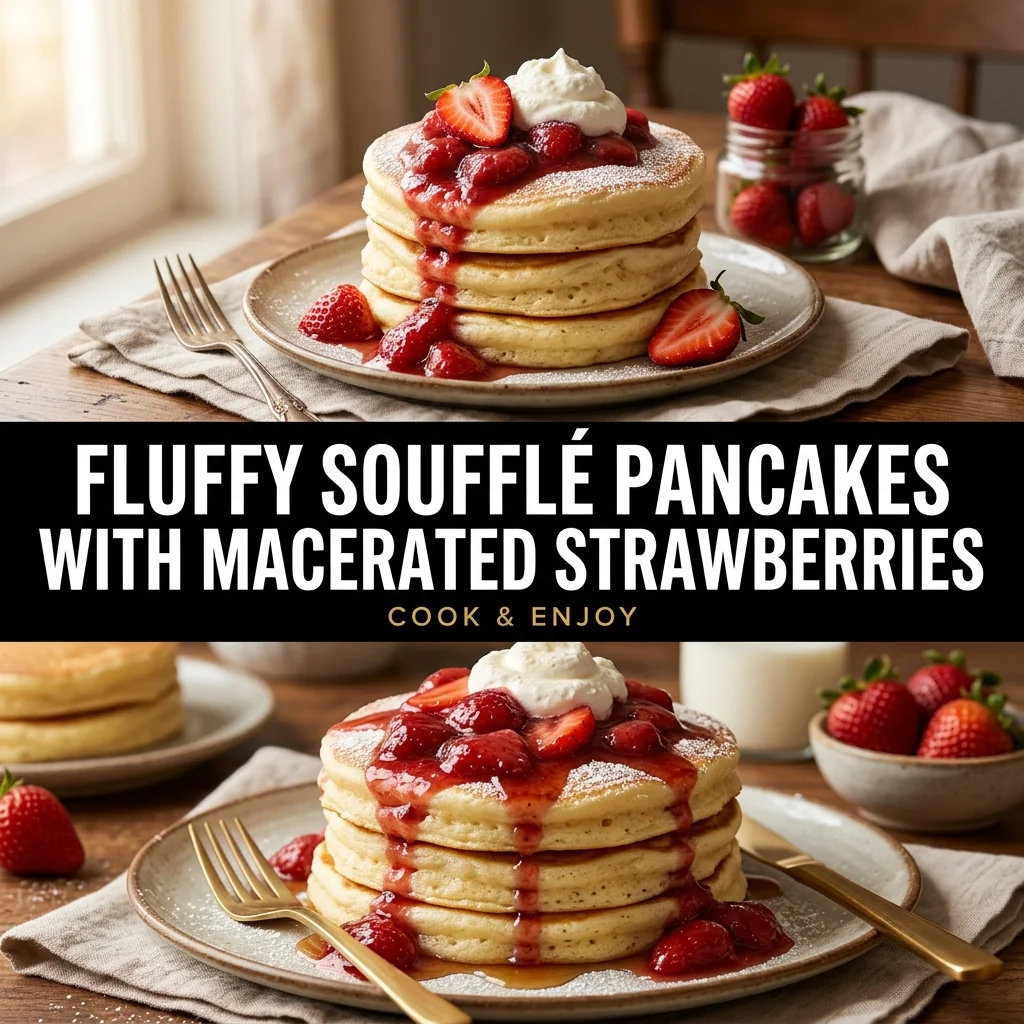Fluffy Soufflé Pancakes with Macerated Strawberries food illustration