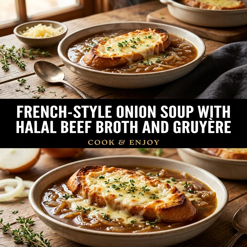 French-Style Onion Soup with Halal Beef Broth and Gruyère food illustration