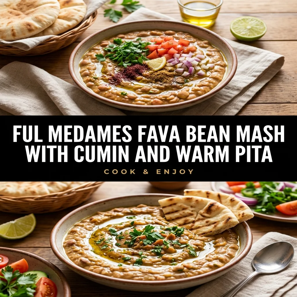 Ful Medames Fava Bean Mash with Cumin and Warm Pita food illustration