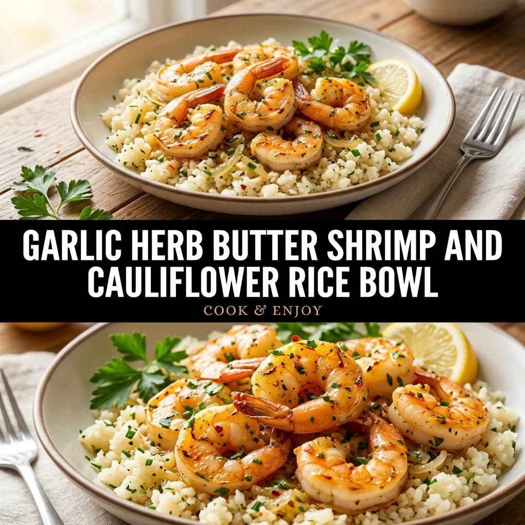 Garlic Herb Butter Shrimp and Cauliflower Rice Bowl food illustration