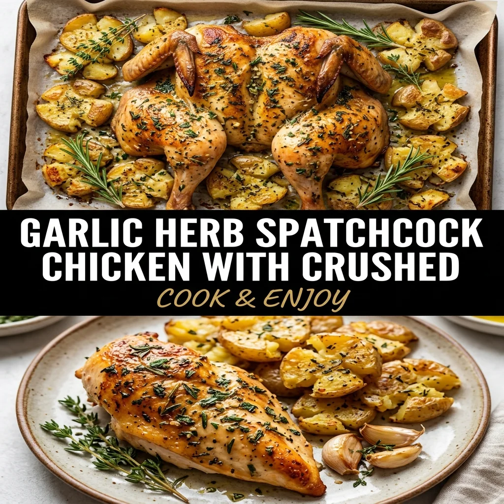 Garlic Herb Spatchcock Chicken with Crushed Potatoes food illustration