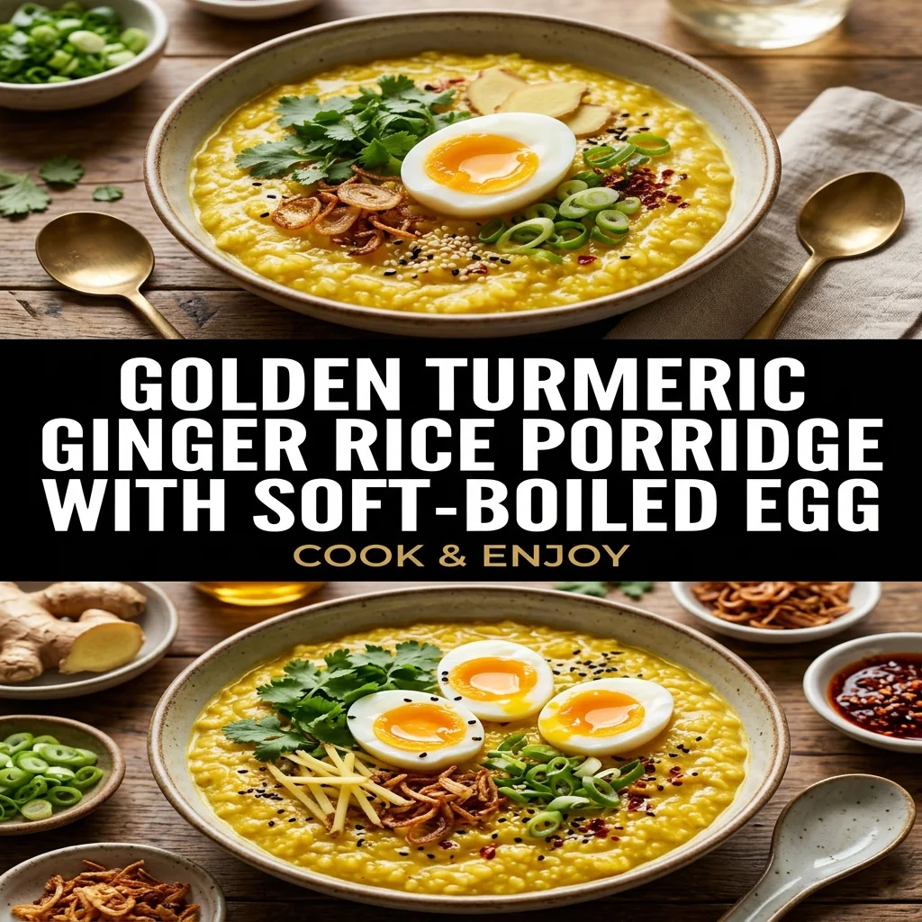 Golden Turmeric Ginger Rice Porridge with Soft-Boiled Egg food illustration