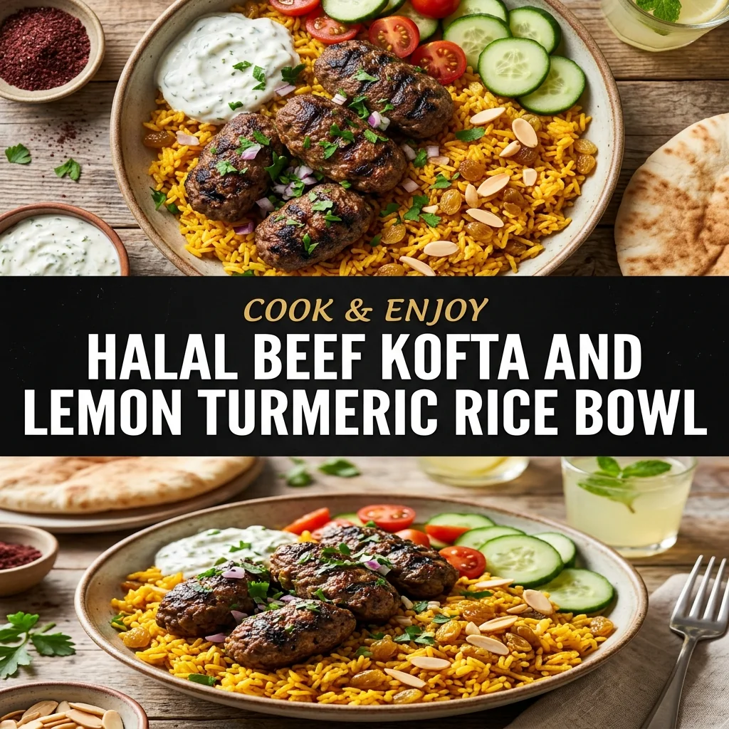Halal Beef Kofta and Lemon Turmeric Rice Bowl food illustration