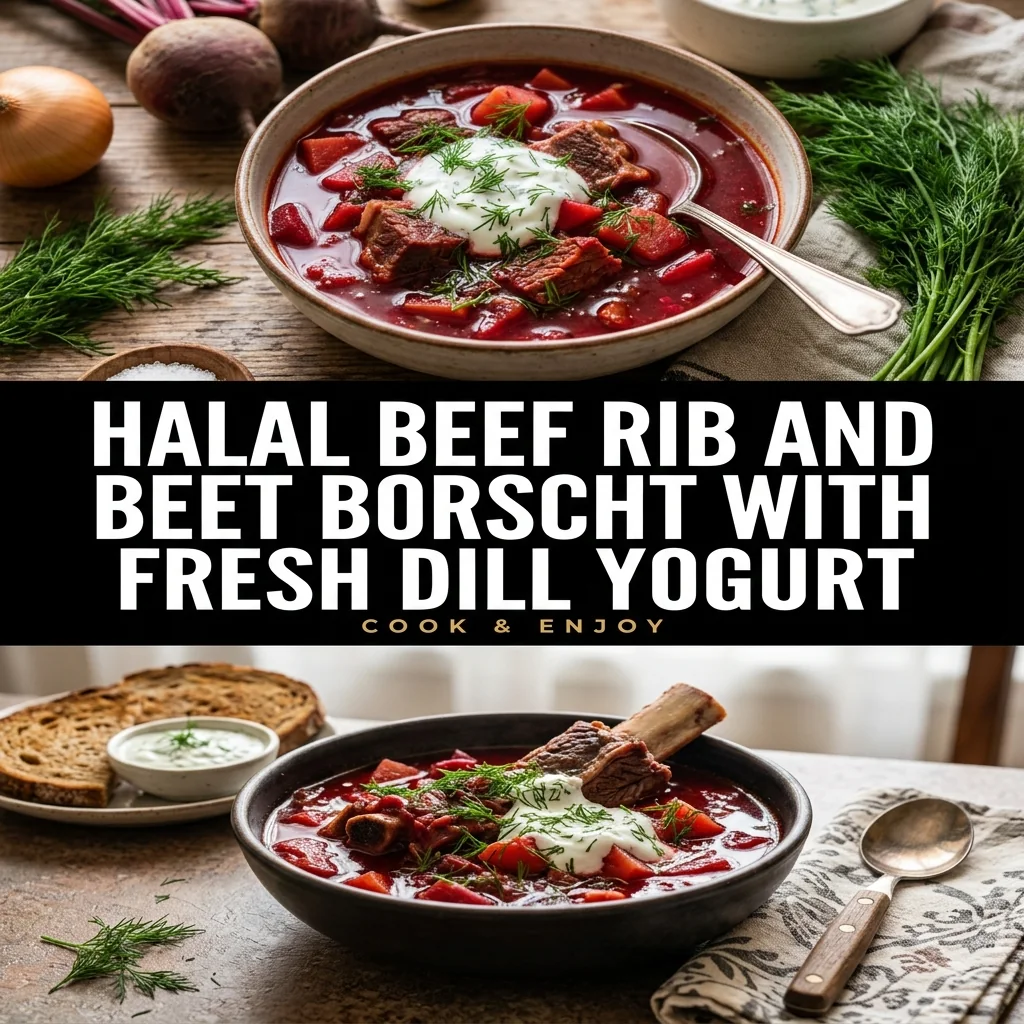 Halal Beef Rib and Beet Borscht with Fresh Dill Yogurt food illustration
