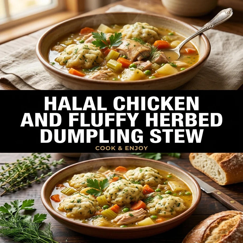 Halal Chicken and Fluffy Herbed Dumpling Stew food illustration