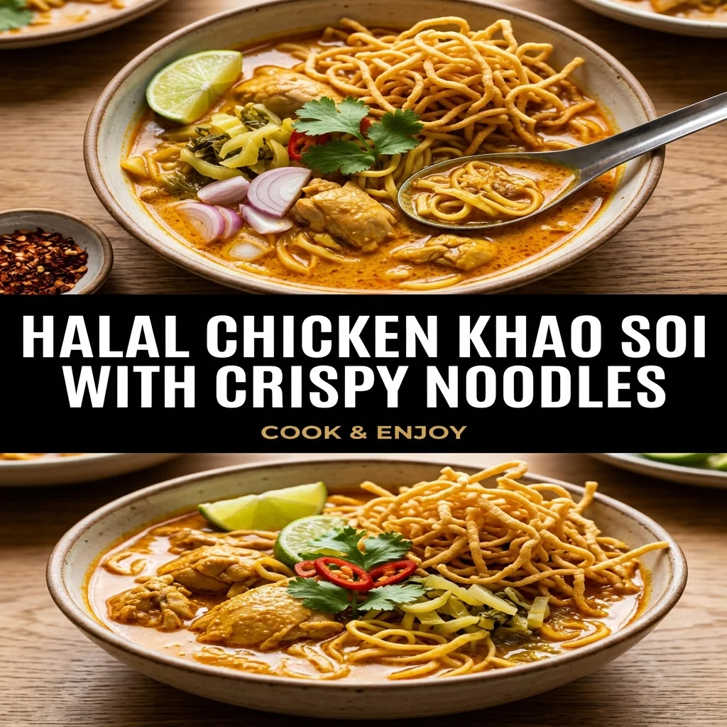 Halal Chicken Khao Soi with Crispy Noodles food illustration