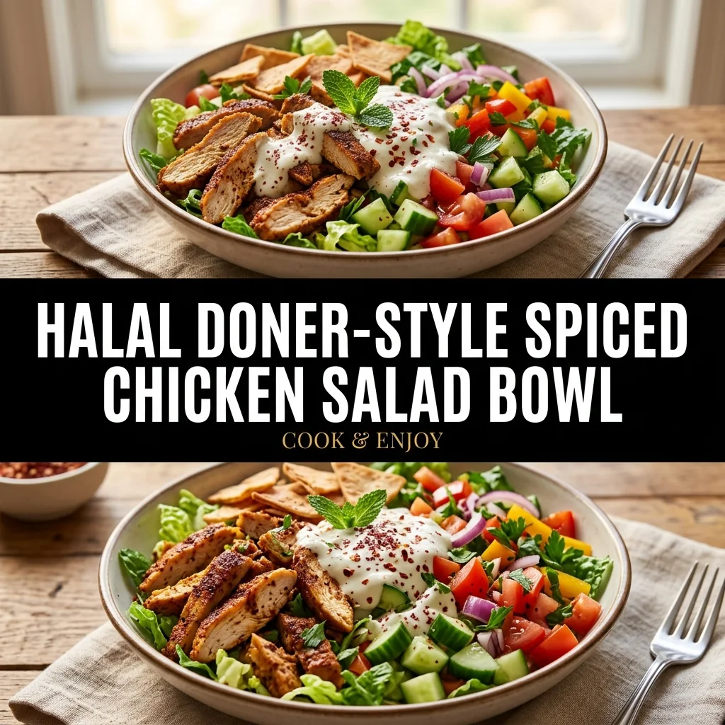 Halal Doner-Style Spiced Chicken Salad Bowl food illustration