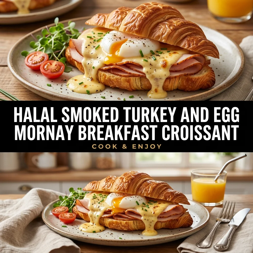 Halal Smoked Turkey and Egg Mornay Breakfast Croissant food illustration