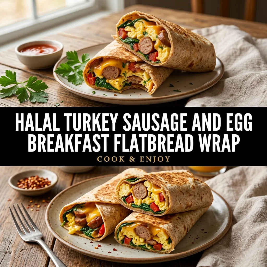 Halal Turkey Sausage and Egg Breakfast Flatbread Wrap food illustration