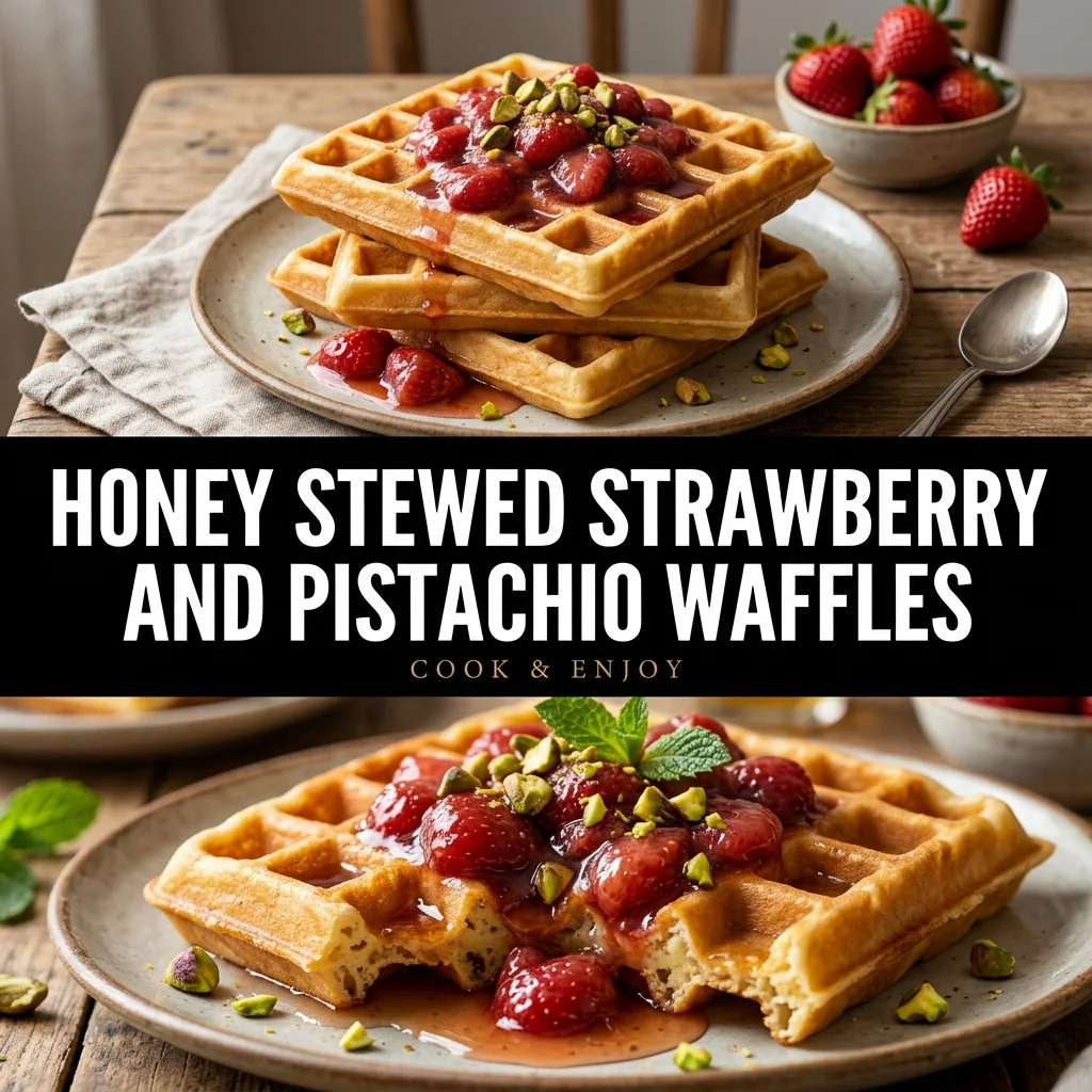 Honey Stewed Strawberry and Pistachio Waffles food illustration