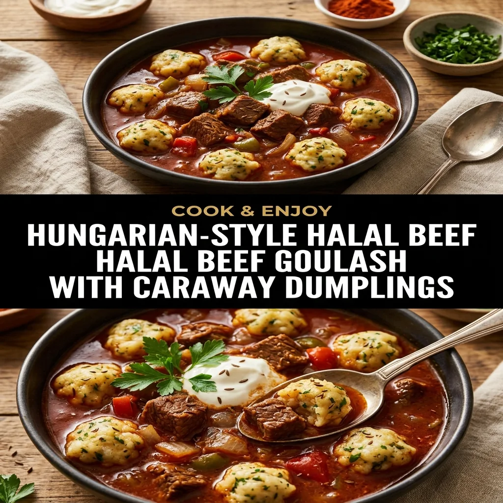 Hungarian-Style Halal Beef Goulash with Caraway Dumplings food illustration