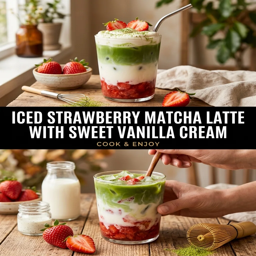 Iced Strawberry Matcha Latte with Sweet Vanilla Cream food illustration