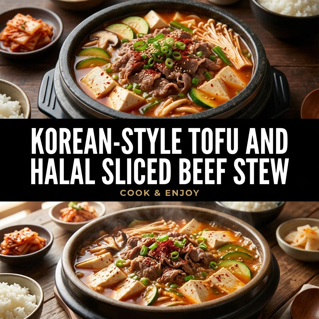 Korean-Style Tofu and Halal Sliced Beef Stew food illustration