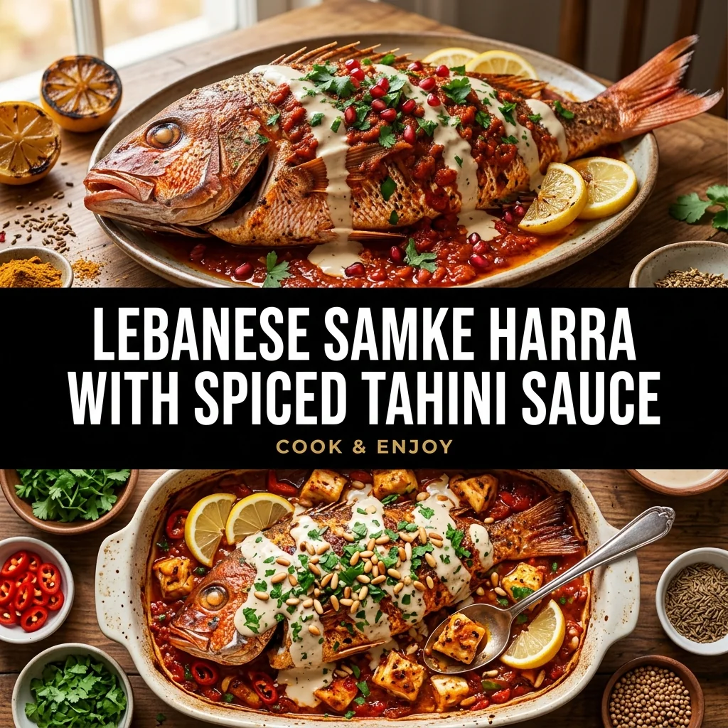 Lebanese Samke Harra with Spiced Tahini Sauce food illustration