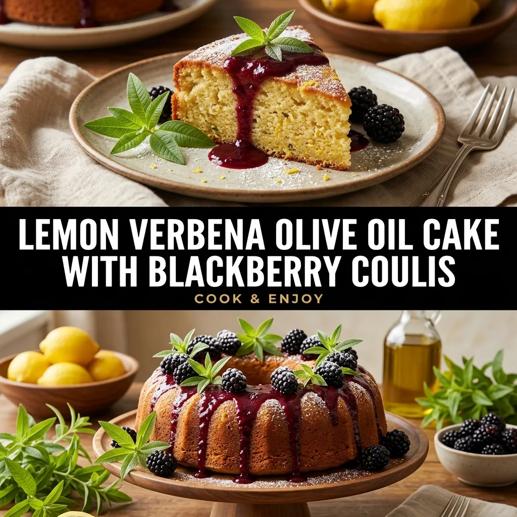 Lemon Verbena Olive Oil Cake with Blackberry Coulis food illustration