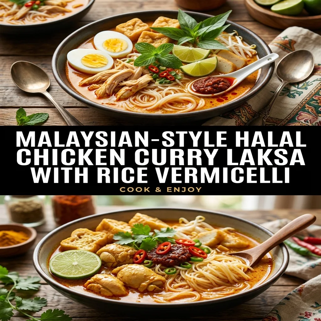 Malaysian-Style Halal Chicken Curry Laksa with Rice Vermicelli food illustration